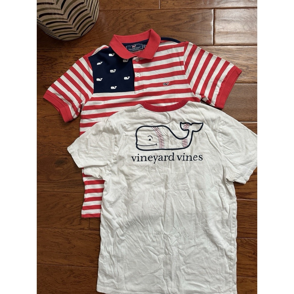 Vineyard Vines Boys Lot 2 American Flag Polo Baseball Tee Size M 12-14 XL 18